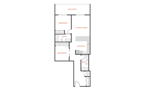 Floor plan for 2 beds, 2 baths, 878 sqft